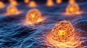 Visualizzazione artistica fotorealistica di mitocondri iperattivi all'interno di cellule tumorali polmonari NSCLC, obiettivo prime 35mm, profondità di campo ridotta. I mitocondri brillano intensamente, simboleggiando l'elevata produzione di energia, con la proteina NDUFS8 evidenziata in modo simbolico su uno di essi. Tonalità duotone blu scuro e arancione brillante per creare un contrasto drammatico tra la cellula e l'energia mitocondriale.