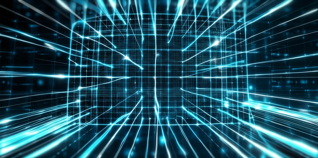 Concetto astratto che mostra la convergenza efficiente di un metodo numerico quasi-Newton su una GPU, visualizzato come linee luminose che si focalizzano su una soluzione stabile all'interno di una griglia computazionale 3D, stile high-tech, obiettivo grandangolare 24mm, profondità di campo.