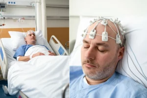 Immagine composita che mostra a sinistra un paziente con mal di testa post-puntura lombare in un letto d'ospedale e a destra lo stesso paziente che riceve stimolazione a-tDCS con elettrodi sulla testa, simboleggiando il trattamento e la prevenzione del dolore. Fotografia realistica, lente 35mm, profondità di campo.