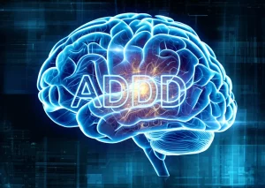 Immagine concettuale che rappresenta il cervello di un adulto con ADHD, visualizzato con connessioni luminose che simboleggiano i fattori protettivi come il supporto sociale e le strategie positive, su uno sfondo astratto e dinamico. Fotografia macro, illuminazione controllata, alta definizione.
