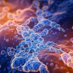 Visualizzazione astratta di biomarcatori molecolari (SCC e CK19 Fragment) che interagiscono con cellule tumorali dell'esofago, immagine macro con illuminazione drammatica e focus selettivo, alta definizione, colori blu e arancio duotone.