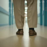 Fotografia di un paziente anziano, visto dai fianchi in giù, che cammina lentamente lungo un corridoio d'ospedale luminoso ma tranquillo. Focus sui piedi e sul pavimento. Obiettivo 35mm, profondità di campo ridotta per sfocare leggermente lo sfondo. Toni neutri.