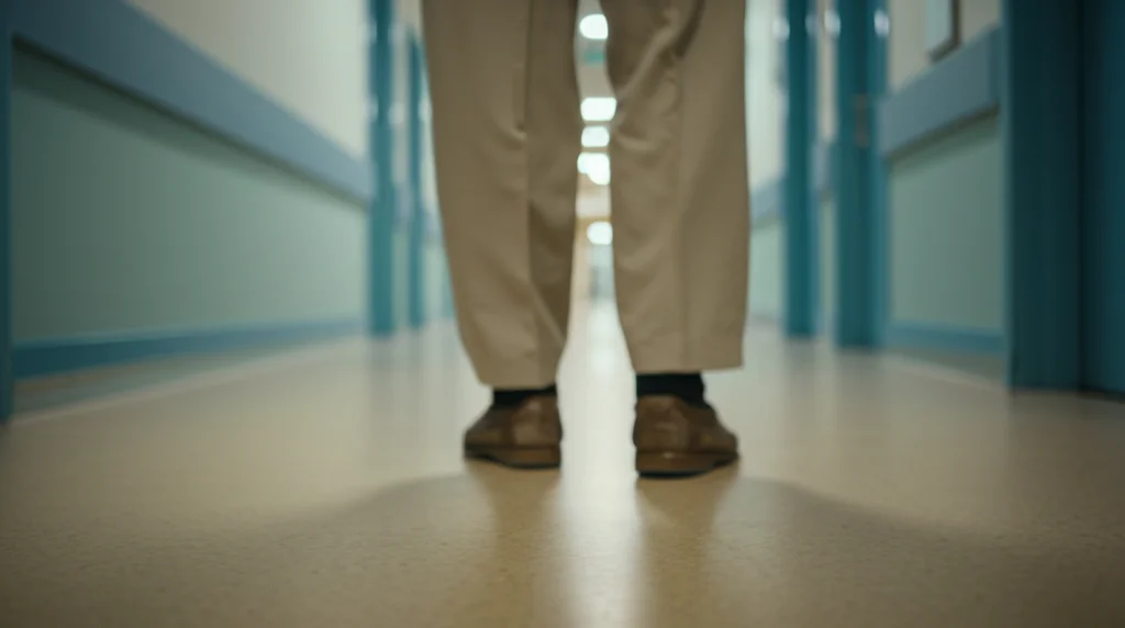 Fotografia di un paziente anziano, visto dai fianchi in giù, che cammina lentamente lungo un corridoio d'ospedale luminoso ma tranquillo. Focus sui piedi e sul pavimento. Obiettivo 35mm, profondità di campo ridotta per sfocare leggermente lo sfondo. Toni neutri.