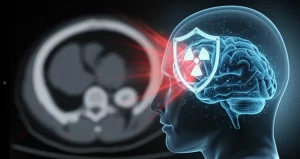 Fotografia medica concettuale: un cervello umano digitale luminoso e dettagliato, simbolo dell'AI e del Deep Learning Reconstruction (DLR), sovrapposto a una scansione TC tradizionale più sfocata sullo sfondo. Un simbolo di scudo stilizzato devia dei raggi rossi (simbolo della riduzione della dose di radiazioni) proteggendo il cervello digitale. Illuminazione drammatica high-tech, focus nitido sul cervello AI, profondità di campo ridotta, obiettivo prime 35mm, colori blu e grigio duotone.