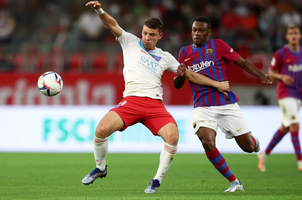 Fotografia sportiva ad alta azione di un contrasto di calcio al limite del fallo, catturata con un teleobiettivo zoom 300mm, velocità dell'otturatore molto rapida per congelare il movimento, i volti dei giocatori mostrano concentrazione intensa, il pallone è in gioco tra loro, sfondo dello stadio leggermente sfocato, illuminazione diurna brillante.