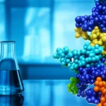 Immagine concettuale che mostra la transizione dalla chemioterapia (pillole e fiale classiche in bianco e nero) alla biotecnologia (modelli molecolari colorati di anticorpi e DNA), ambientazione da laboratorio high-tech, obiettivo macro 80mm, illuminazione drammatica che evidenzia il passaggio, alta definizione.