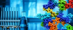 Immagine concettuale che mostra la transizione dalla chemioterapia (pillole e fiale classiche in bianco e nero) alla biotecnologia (modelli molecolari colorati di anticorpi e DNA), ambientazione da laboratorio high-tech, obiettivo macro 80mm, illuminazione drammatica che evidenzia il passaggio, alta definizione.