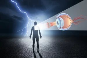 Immagine concettuale drammatica di un fulmine che colpisce il terreno vicino a una figura umana stilizzata, con un fascio di luce che entra nell'occhio della figura, sovrapponendo una visualizzazione semi-trasparente di una cataratta e di un nervo ottico danneggiato. Stile fotorealistico con elementi grafici medici, obiettivo grandangolare 24mm per catturare la scena ampia, lunga esposizione per il fulmine.