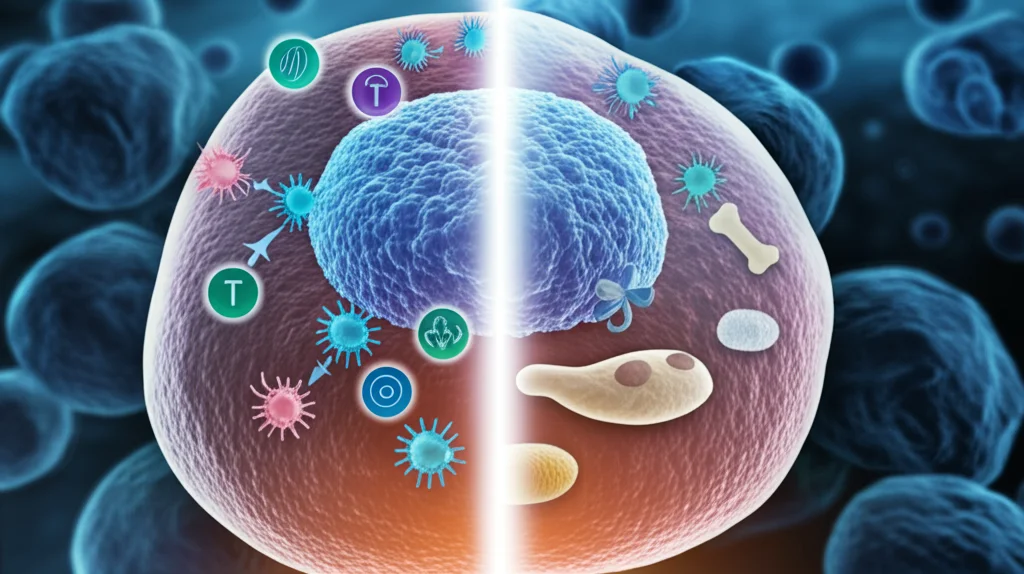 Immagine concettuale fotorealistica di una cellula staminale mesenchimale (MSC) della gelatina di Wharton divisa in due da una linea luminosa: la metà sinistra mostra vibrante attività immunomodulatoria con simboli stilizzati di citochine e interazioni con cellule immunitarie T; la metà destra mostra capacità di differenziazione ridotta con icone sbiadite di cellule ossee e adipose. Illuminazione drammatica high-tech, stile scientifico artistico, obiettivo prime 35mm, profondità di campo.