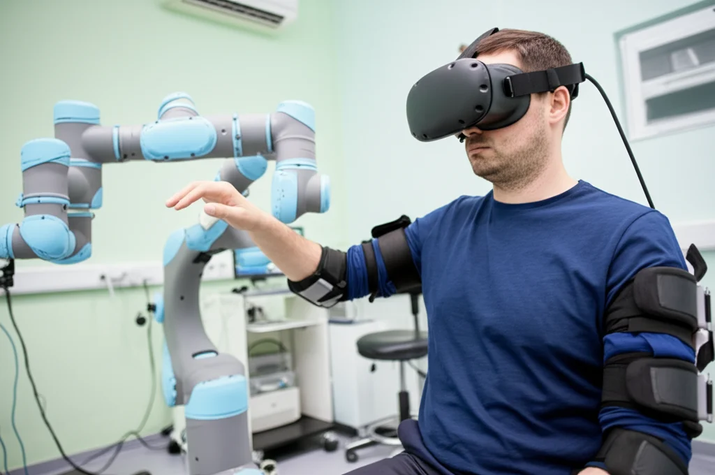 Immagine fotorealistica di un paziente in fase subacuta post-ictus impegnato in una sessione di riabilitazione dell'arto superiore utilizzando un sistema avanzato di realtà virtuale e robotica in un ambiente clinico luminoso. Prime lens, 35mm, depth of field, focus sull'interazione uomo-macchina.
