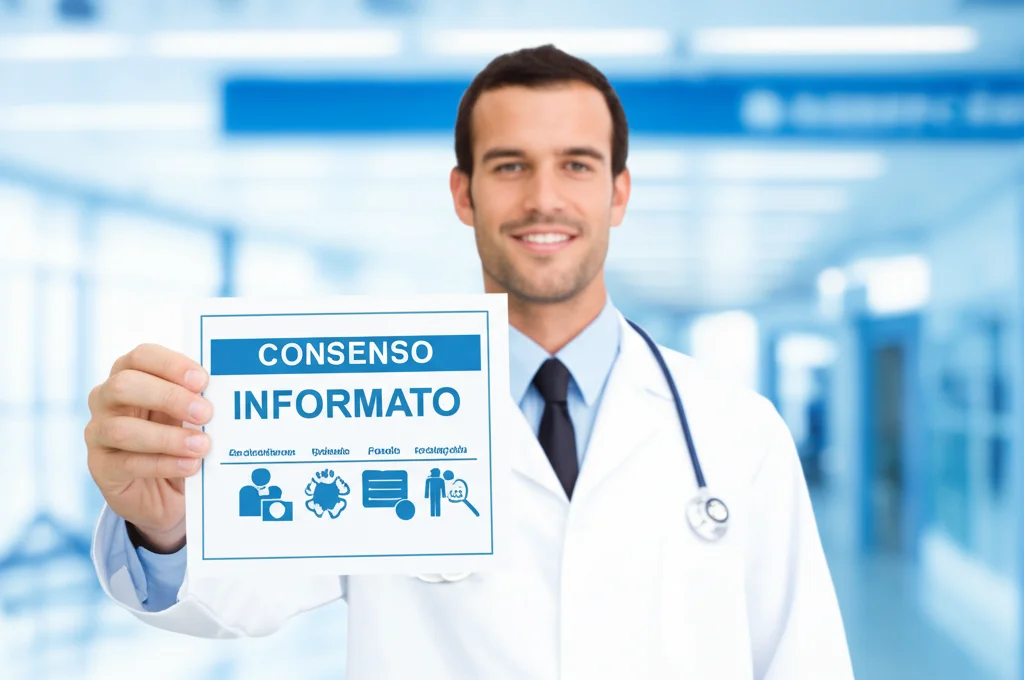 Immagine fotorealistica di un'infografica colorata e chiara sul consenso informato per uno studio clinico, tenuta in mano da un medico o ricercatore sorridente in un ambiente ospedaliero luminoso (sfondo leggermente sfocato). L'infografica usa icone semplici e testo grande. Obiettivo 50mm, profondità di campo ridotta per focalizzare sull'infografica e l'interazione umana positiva.