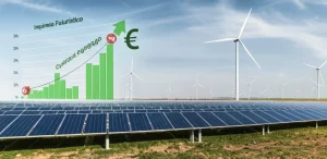 Impianto futuristico per la produzione di ammoniaca verde immerso in un paesaggio con turbine eoliche offshore e pannelli solari a terra, sotto un cielo parzialmente nuvoloso che simboleggia l'intermittenza. Un grafico stilizzato sovrapposto mostra l'equilibrio tra costi (simbolo €) e utilizzo energetico (simbolo %). Landscape wide angle, 10mm, sharp focus, smooth clouds, luce naturale vibrante.