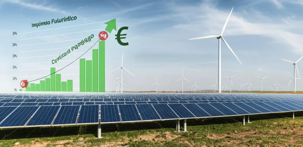 Impianto futuristico per la produzione di ammoniaca verde immerso in un paesaggio con turbine eoliche offshore e pannelli solari a terra, sotto un cielo parzialmente nuvoloso che simboleggia l'intermittenza. Un grafico stilizzato sovrapposto mostra l'equilibrio tra costi (simbolo €) e utilizzo energetico (simbolo %). Landscape wide angle, 10mm, sharp focus, smooth clouds, luce naturale vibrante.
