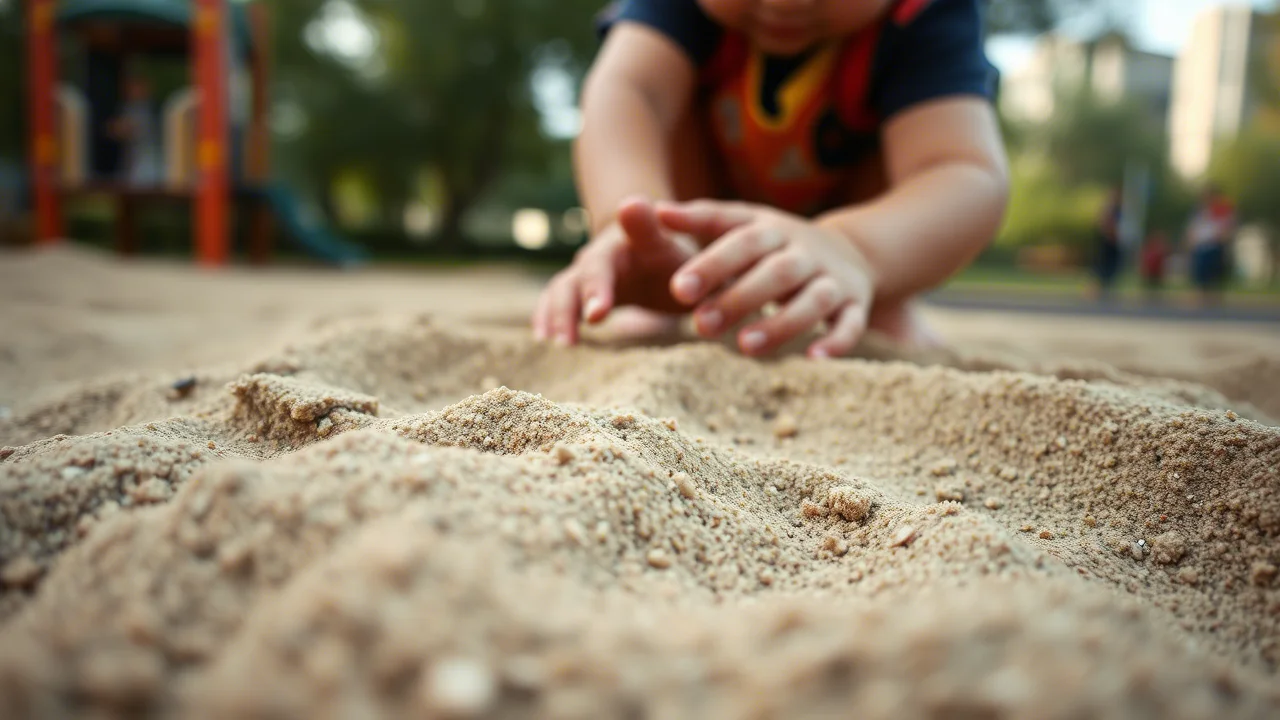 Primo piano di sabbia fine in un'area giochi per bambini, con piccole mani che giocano, ma con una sfumatura leggermente scura che suggerisce contaminazione; sfondo sfocato di un parco urbano. Lente macro 85mm, alta definizione, luce naturale morbida, focus selettivo sulle mani e la sabbia.