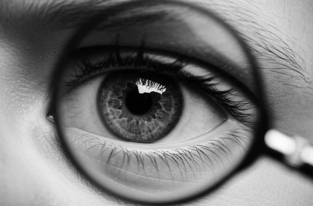 Primo piano di un occhio attento che osserva una scena urbana affollata attraverso una lente d'ingrandimento, simboleggiando lo sguardo critico dell'etnografo. Fotografia ritratto, obiettivo 35mm, profondità di campo, bianco e nero.