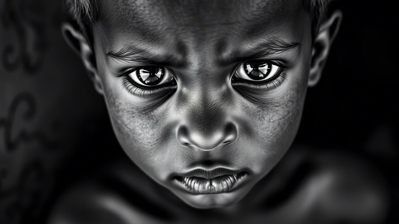 Ritratto intenso di un bambino etiope con segni visibili di malnutrizione acuta grave, sguardo diretto verso la camera, luce drammatica, profondità di campo ridotta per enfatizzare il soggetto, obiettivo 50mm prime, bianco e nero.