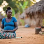 Ritratto toccante di una donna incinta africana nel Nord Uganda, seduta all'aperto con uno sguardo riflessivo e leggermente malinconico. Luce naturale del tardo pomeriggio, obiettivo 35mm, profondità di campo media che mostra parzialmente l'ambiente circostante rurale ma sfocato. Colori realistici ma con una leggera dominante calda. L'immagine simboleggia la salute mentale materna in contesti difficili.