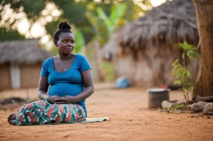 Ritratto toccante di una donna incinta africana nel Nord Uganda, seduta all'aperto con uno sguardo riflessivo e leggermente malinconico. Luce naturale del tardo pomeriggio, obiettivo 35mm, profondità di campo media che mostra parzialmente l'ambiente circostante rurale ma sfocato. Colori realistici ma con una leggera dominante calda. L'immagine simboleggia la salute mentale materna in contesti difficili.