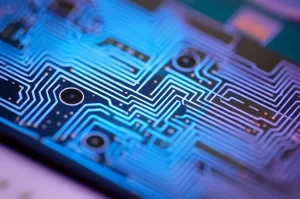 Fotografia realistica in primo piano, obiettivo macro 85mm, di un chip fotonico luminoso con intricati percorsi di luce incisi su un substrato di niobato di litio legato con elementi di fosfuro di indio, alto dettaglio, illuminazione controllata, simboleggiando l'integrazione InP-LiNbO3.