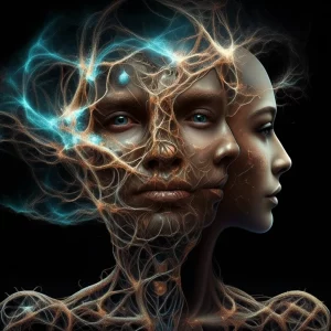 Illustrazione concettuale fotorealistica che fonde elementi umani frammentati (come parti di un volto o mani) con reti digitali luminose e strutture organiche simili a radici o micelio, simboleggiando il superamento dell'antropocentrismo nelle medical humanities verso un approccio postumano interconnesso. Luce soffusa e drammatica, stile surreale ma con dettagli nitidi.