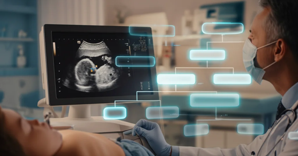 Immagine fotorealistica di un medico pediatra che esamina attentamente un'ecografia addominale di un bambino su uno schermo ad alta definizione, con un diagramma ad albero decisionale luminoso sovrapposto digitalmente sull'immagine ecografica che mostra i segni dell'intussuscezione. Luce da studio controllata, obiettivo macro 90mm per dettaglio sull'ecografia e sull'albero, profondità di campo che sfoca leggermente lo sfondo della stanza d'ospedale moderna e accogliente.