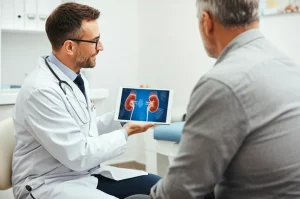 Immagine fotorealistica di un medico sorridente che mostra un tablet con un'animazione medica 3D del rene e delle onde d'urto ESWL a un paziente dall'aspetto calmo e attento, seduti in un ambulatorio moderno e luminoso. Obiettivo 50mm, luce naturale morbida, profondità di campo che sfoca leggermente lo sfondo per concentrarsi sull'interazione medico-paziente.