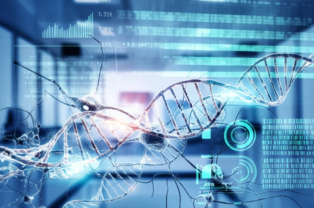 Immagine fotorealistica, obiettivo grandangolare 20mm, di un laboratorio futuristico high-tech. In primo piano, una rappresentazione astratta e luminosa di una rete neurale si intreccia con un filamento di DNA digitale. Sullo sfondo, schermi sfocati mostrano sequenze genetiche, grafici di dati e analisi complesse. Messa a fuoco nitida sugli elementi centrali, effetto di lunga esposizione sulle parti luminose per dare un senso di dinamismo e innovazione tecnologica nella genomica.