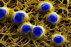 Immagine microscopica ad alta risoluzione di cellule di carcinoma polmonare non a piccole cellule (NSCLC), obiettivo macro 105mm, illuminazione laterale drammatica per evidenziare la struttura cellulare tridimensionale, focus nitido sulle cellule invasive che si infiltrano in una matrice extracellulare simulata.