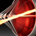 Rendering 3D fotorealistico di una presa d'aria scramjet avanzata, illuminata da scie di flusso Mach 5 incandescenti. Vista grandangolare (18mm) che enfatizza la geometria complessa e le onde d'urto interne. Messa a fuoco nitida, lunga esposizione simulata per scie luminose.