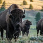 Ritratto fotografico in primo piano di un maestoso bisonte delle pianure nordamericane, obiettivo prime 50mm, profondità di campo ridotta per isolare il soggetto dallo sfondo della prateria, luce calda del tardo pomeriggio che ne illumina il pelo folto e scuro, dettagli nitidi degli occhi e delle corna.