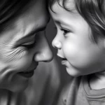 Ritratto fotografico intimo di una madre che sussurra all'orecchio del suo bambino piccolo che indossa un apparecchio acustico colorato, espressione concentrata e amorevole della madre, luce laterale morbida che crea ombre delicate, obiettivo da 50mm, profondità di campo ridotta, bianco e nero filmico per enfatizzare l'emozione.