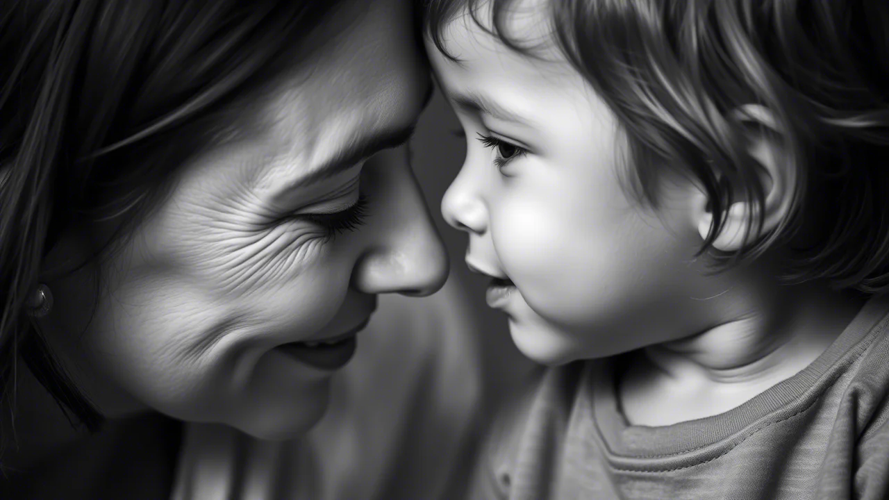 Ritratto fotografico intimo di una madre che sussurra all'orecchio del suo bambino piccolo che indossa un apparecchio acustico colorato, espressione concentrata e amorevole della madre, luce laterale morbida che crea ombre delicate, obiettivo da 50mm, profondità di campo ridotta, bianco e nero filmico per enfatizzare l'emozione.