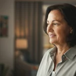 Ritratto fotografico, obiettivo 35mm, una persona di mezza età sorride leggermente guardando fuori da una finestra, luce naturale che illumina il viso, sfondo leggermente sfocato mostra un ambiente domestico accogliente, toni caldi e positivi, simboleggia speranza e recupero nella vita quotidiana.
