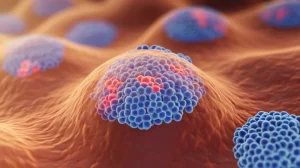 Visualizzazione 3D fotorealistica di una cellula di cancro colorettale con la proteina CD147 (in rosso brillante) sulla membrana cellulare che attiva la cascata di segnalazione intracellulare di Rap1 (molecole in blu/viola). Lo sfondo mostra altre cellule tumorali sfocate, suggerendo proliferazione e invasione. Obiettivo macro 85mm, alta definizione, illuminazione drammatica laterale, profondità di campo ridotta per focalizzare su CD147 e Rap1.