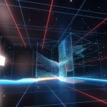 Visualizzazione astratta di un sistema SLAM che fonde punti e linee per mappare un ambiente interno complesso con poca texture, rendering 3D fotorealistico, stile high-tech, illuminazione drammatica che evidenzia le geometrie.