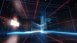 Visualizzazione astratta di un sistema SLAM che fonde punti e linee per mappare un ambiente interno complesso con poca texture, rendering 3D fotorealistico, stile high-tech, illuminazione drammatica che evidenzia le geometrie.