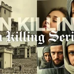 Collage fotorealistico che sovrappone il titolo 'On Killing Serbs' di un vecchio articolo del New York Times a immagini evocative della guerra in Bosnia e Kosovo, come edifici distrutti a Sarajevo e volti di rifugiati, obiettivo 35mm, stile documentaristico, colori desaturati.