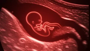 Fotografia macro di un fascio di luce rossa e infrarossa che attraversa delicatamente strati traslucidi simboleggianti il tessuto materno, illuminando una debole pulsazione stilizzata al centro che rappresenta il feto, obiettivo macro 100mm, illuminazione controllata e soffusa, alta definizione, focus preciso sul centro pulsante, atmosfera di cura e tecnologia.