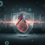 Illustrazione concettuale di un cuore umano stilizzato con un tracciato ECG sovrapposto, protetto da uno scudo medico trasparente mentre piccole particelle luminose (simbolo di ICI) interagiscono con esso, fotografia still life 100mm macro, alta definizione, illuminazione drammatica controllata con sfondo scuro e bokeh.