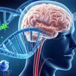 Illustrazione scientifica fotorealistica che mostra il cervello umano connesso a un flusso sanguigno stilizzato contenente vari metaboliti (molecole colorate) e filamenti di DNA. Wide-angle lens, 20mm, sharp focus, illuminazione drammatica.