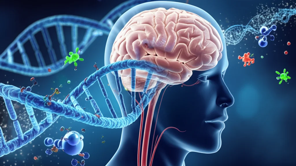 Illustrazione scientifica fotorealistica che mostra il cervello umano connesso a un flusso sanguigno stilizzato contenente vari metaboliti (molecole colorate) e filamenti di DNA. Wide-angle lens, 20mm, sharp focus, illuminazione drammatica.