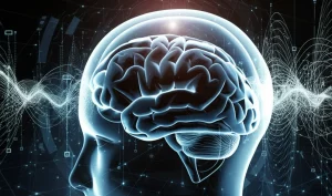 Immagine concettuale fotorealistica che mostra un cervello stilizzato parzialmente immerso in un ambiente di realtà virtuale luminoso e astratto, con linee di dati digitali che ne emergono collegandosi a punti luminosi, obiettivo macro 85mm, alta definizione, illuminazione drammatica che evidenzia la fusione tra neurologia e tecnologia VR avanzata.