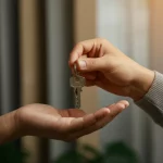 Immagine fotorealistica di una mano che offre una chiave a un'altra mano in un ambiente accogliente ma semplice, simboleggiando l'accesso a una casa sicura e l'inizio di un percorso di supporto. Obiettivo macro 60mm, messa a fuoco precisa sulla chiave e sulle mani, illuminazione controllata e calda che crea un'atmosfera di speranza, alto dettaglio sulla texture della pelle e del metallo.