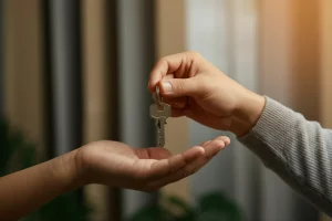 Immagine fotorealistica di una mano che offre una chiave a un'altra mano in un ambiente accogliente ma semplice, simboleggiando l'accesso a una casa sicura e l'inizio di un percorso di supporto. Obiettivo macro 60mm, messa a fuoco precisa sulla chiave e sulle mani, illuminazione controllata e calda che crea un'atmosfera di speranza, alto dettaglio sulla texture della pelle e del metallo.