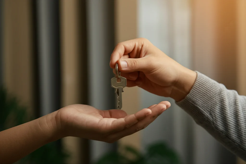 Immagine fotorealistica di una mano che offre una chiave a un'altra mano in un ambiente accogliente ma semplice, simboleggiando l'accesso a una casa sicura e l'inizio di un percorso di supporto. Obiettivo macro 60mm, messa a fuoco precisa sulla chiave e sulle mani, illuminazione controllata e calda che crea un'atmosfera di speranza, alto dettaglio sulla texture della pelle e del metallo.