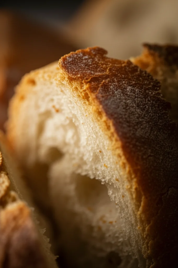 Primo piano estremo di diverse croste di pane (comune e morbido) spezzate, che mostrano la texture interna ed esterna. Luce calda e controllata che evidenzia le sfumature marroni delle melanoidine. Obiettivo macro 105mm, alta definizione, messa a fuoco selettiva sulla parte più brunita della crosta.