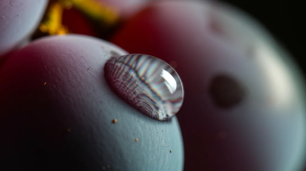 Primo piano estremo di un acino d'uva 'Siah-e-Samarghandi' maturo e scuro, coperto da una leggera pruina, con una goccia d'acqua che ne riflette la superficie lucida, lente macro 105mm, illuminazione drammatica laterale, altissimo dettaglio della buccia, sfondo scuro sfocato.