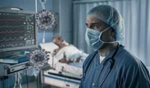 Ritratto fotorealistico di un medico esperto, con mascherina abbassata e sguardo preoccupato, che osserva i dati vitali su un monitor in una unità di terapia intensiva. Sullo sfondo, un paziente anziano intubato. In sovrimpressione digitale discreta, un modello 3D del virus SARS-CoV-2. Obiettivo prime 35mm, toni blu e grigi duotone, profondità di campo che sfoca leggermente lo sfondo per concentrarsi sul medico e sul monitor.