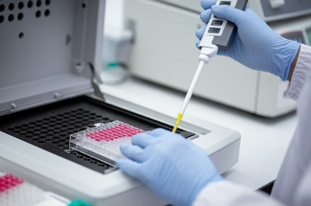 Tecnico di laboratorio con guanti che carica con una pipetta multicolore campioni biologici in una piastra per Real-Time PCR, primo piano sulle mani e sulla piastra, sfondo sfocato di un moderno laboratorio high-tech con strumentazione avanzata, obiettivo macro 85mm, illuminazione precisa e controllata.