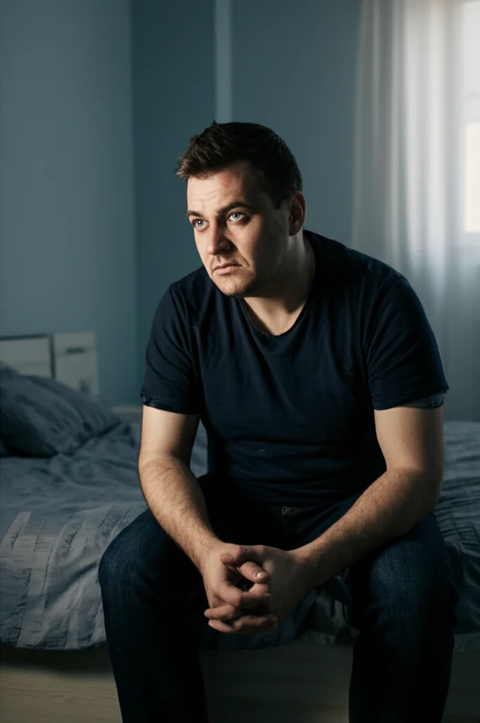 Uomo di mezza età in sovrappeso seduto sul bordo del letto, espressione pensierosa e leggermente preoccupata, luce soffusa dalla finestra, 35mm portrait, depth of field, colori tenui duotone (grigio e blu).